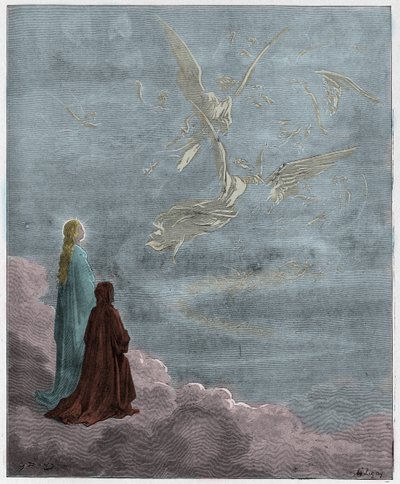 Paradiso, Canto 18: Dante en Beatrice overgebracht naar de sfeer van Jupiter, illustratie uit De Goddelijke Komedie van Dante Alighieri, 1885 door Gustave after Dore